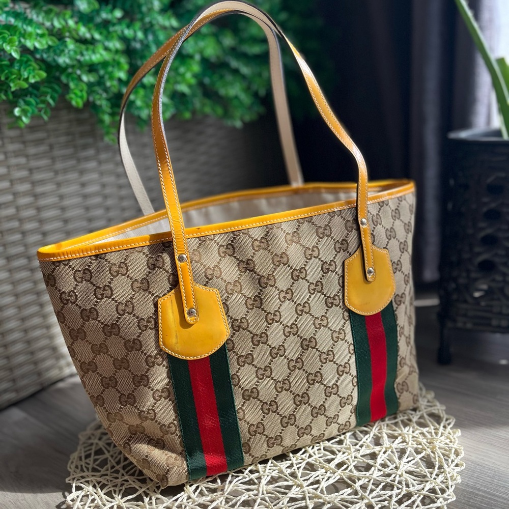 Gucci Yellow & Brown Canvas SherryLine Shoulder Bag (free COA)